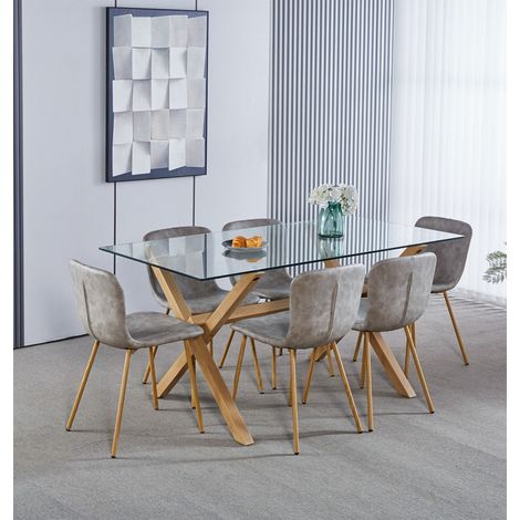 Hallowood Furniture Cullompton Glass Dining Table and Chairs Set 6, Large Rectangular Glass Table with Chairs in Taupe Faux Leather Effect Upholstery, Dining Room Sets for Home or Cafe