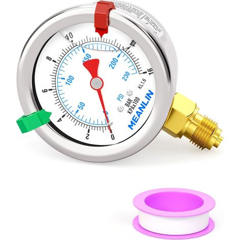 016Bar/0230Psi Pressure Gauge 1/8" BSP 1.5" Front Dial, Liquid Filled Stainless Steel Pressure Gauge, WOG Water Oil Air Bottom Mount (with 2 Snap Buttons) (1/5)