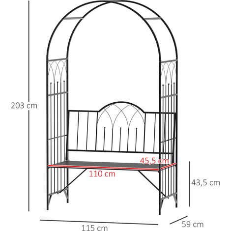 Outsunny Rosenbogen aus Metall Rankhilfe für Kletterpflanzen Gartenbogen mit Bank Spitze Torbogen Rankbogen für Rosen Bögen Rankgitter Rosenhilfe für Garten 115 x 59 x 203 cm Schwarz