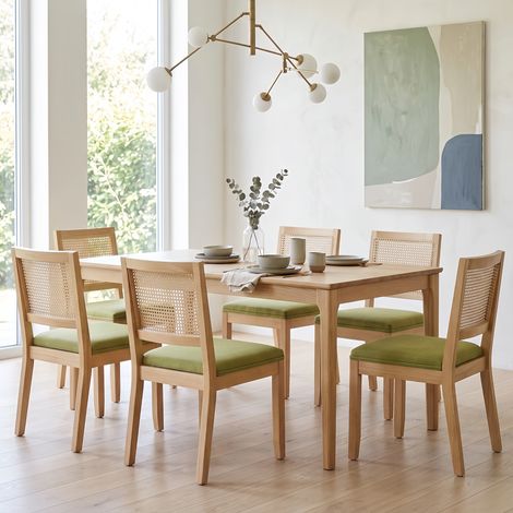 Lot de 6 Chaises Bois Massif et Cannage Vert Olive - Chaise rétro mid-century - Chaise de Cuisine Confortable avec Ressorts (1/5)