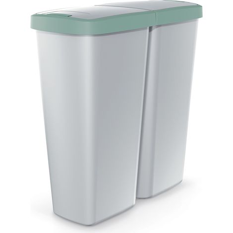 MONZANA® Mülleimer Küche 50L 2 Fächer mit Deckel Druckknopf Abfalleimer Büro Papierkorb Biomüll Gelber Sack Mülltrennsystem Recycling Grau Grün