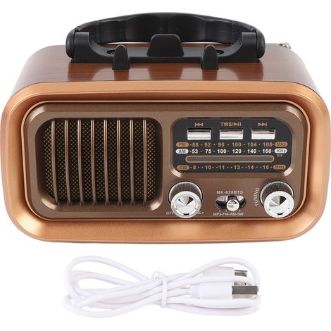 Ortviai Radio rétro AM/FM portable avec Bluetooth, lecteur USB/ carte mémoire, panneau solaire et batterie rechargeable – Or