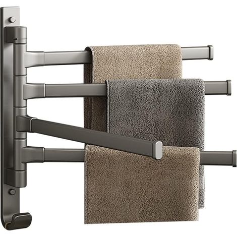 Toallero giratorio con gancho, montaje en pared con giro de 180°, toallero de aluminio, gris (4 brazos) (1/5)