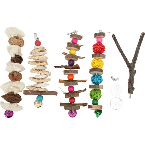 Jouet à mâcher multicolore naturel pour perroquets, à suspendre en cage, pour conures, perruches, calopsittes, inséparables et perroquets gris du Gabon. (1/5)