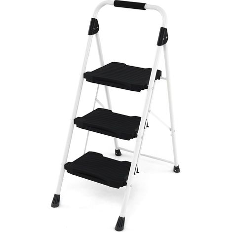 COSTWAY Escabeau Pliable 3 Marches avec Main Courante Rembourrée & Pédales Antidérapantes, Échelle Légère Portable Robuste en Acier au Carbone pour Cuisine, Jardin Bureau, Charge 360 KG (Noir)