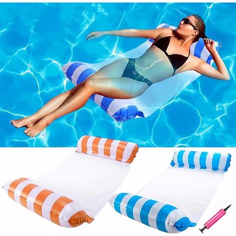 Juego de 2 tumbonas inflables de lujo para piscina (azul y naranja) – Con tiras, cómodas sillas flotantes para piscina, incluye bomba de mano. (1/4)