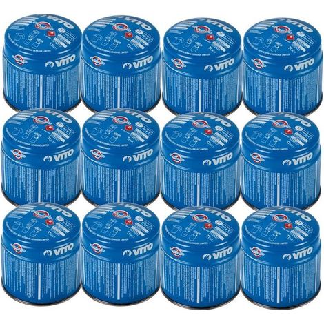 Vito – Pack de 12 cartouches de gaz butane 190g perçables – Système stop-gaz – Homologué TUV – Pour lampe à souder et matériel de camping