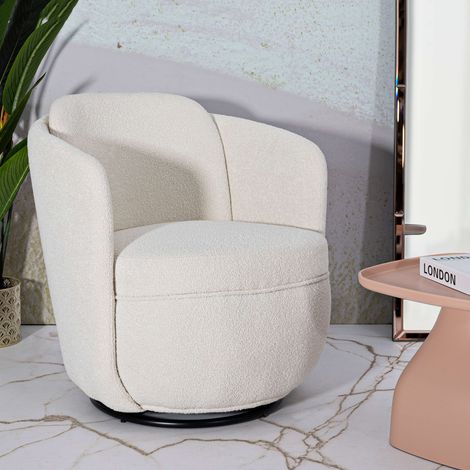Poltrona Morond, base giratoria, brazos, estructura de madera noble, 70x72x75h cm, blanco crema (1/5)