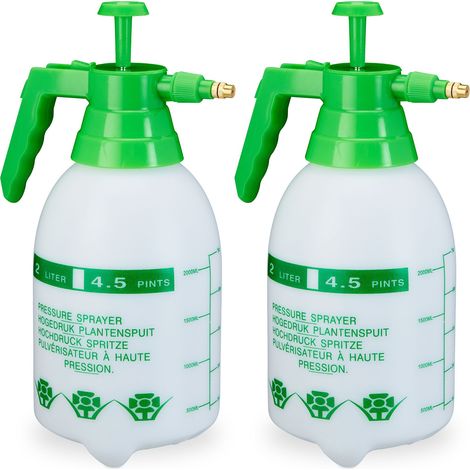 Relaxdays Set of 2 Pressure Sprayers, 2 Litres, Adjustable Brass Nozzle, Water & Pesticides, Pump Spray Bottle, Green (1/5)