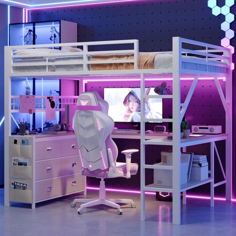 Lit mezzanine gaming 140x200 cm blanc, avec bureau, tiroirs, rangements, LED, structure en métal, sans matelas (1/5)