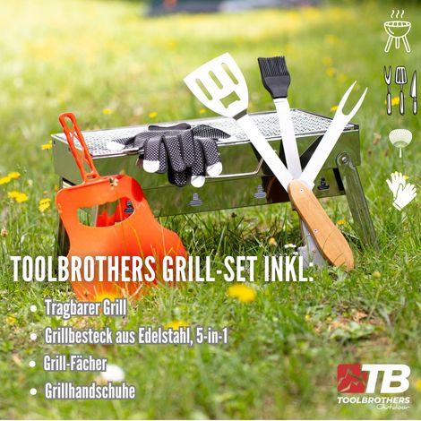 Toolbrothers Outdoor tragbarer Holzkohle Edelstahl Grill Set für Camping werkzeuglose Montage 43 x 29 x 23 cm Silber + Grillbesteck , Grillhandschuhe & Grillfächer 8-tlg