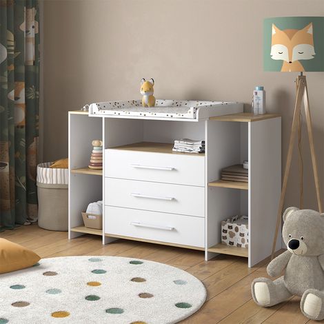 Fasciatoio Oskar, Rovere bianco/dorato, 143.2 x 93 cm con 3 cassetti, Vicco
