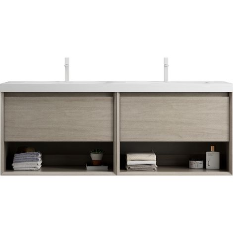 GagaMeuble vasque mural 140 cm chêne clair blanc 2 lavabos résine (1/5)