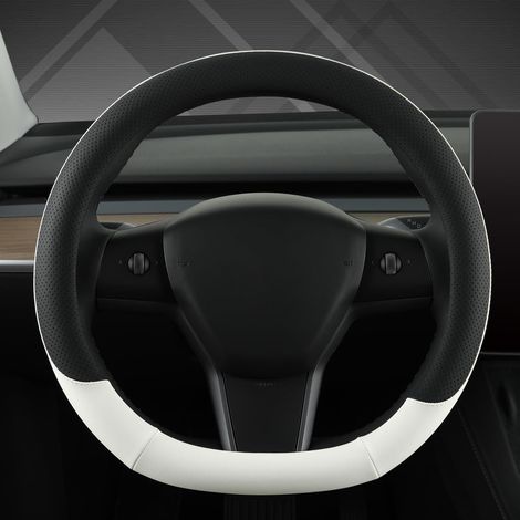 Lenkradbezug PU-Leder für Tesla Model 3/Y, D-Form, Schwarz-Weiß (1/5)