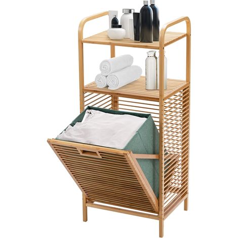 Goplus – Panier à linge en bambou inclinable – Corbeille amovible avec 2 étagères ouvertes – Résistant à la corrosion et aux mites – Pour salle de bain et chambre (1/5)