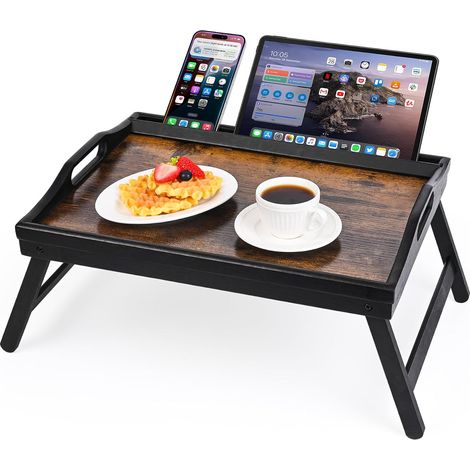 Table de lit avec Pieds pliants, Plateau de Petit-déjeuner en Bambou pour Manger, Servir ou Utiliser comme Plateau, Bureau Portable pour Ordinateur, Plateau à collations, Noir et Brun Vintage (1/5)