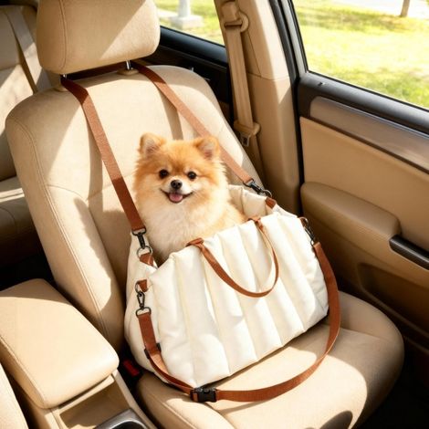 Sac de transport pour chien 50x30x31 cm en tissu Oxford crème, avec harnais pour voiture FloraGrace (1/5)