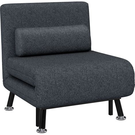 Poltrona Letto 3 in 1 con Schienale Regolabile e Cuscino, in Tessuto Effetto Lino e Acciaio, Grigio Scuro