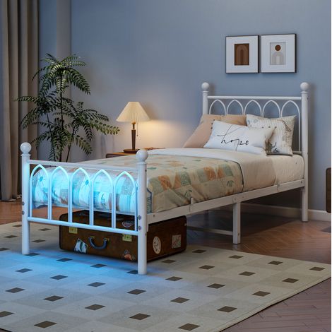Letto 90x200 cm in metallo bianco, salvaspazio, USB LED per camera, senza materasso FloraGrace (1/5)