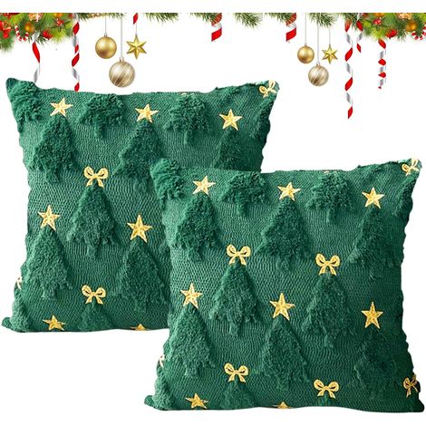 Housse de Coussin Noël 45x45cm, Lot de 2 Étoile Arbre de Noël Taies d'oreiller Décoratives Housses de Coussin en Peluche pour la Décoration de Salon Chambre Chaise Canapé Lit (Vert) (1/5)