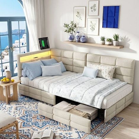 Lit Banquette 90x200 cm avec 2 Tiroirs, Lit Simple Rembourré en Tissu Lin avec Ports USB et Sommier à Lattes, Lit de Repos d'Appoint pour Chambre d'Enfant / d'Amis - Beige