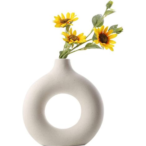 Donut Vase, Runde Vase Mit Loch, Keramik Vase Beige, Moderne Vase, Für Trockenblumenarrangements Und Pampasgras, geeignet für Wohnzimmer, Schlafzimmer, Bürodekoration - M