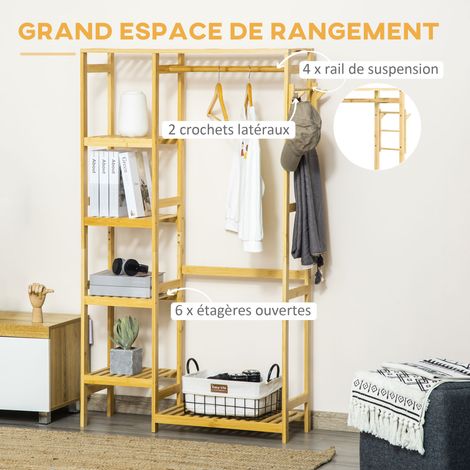 HOMCOM Portant bambou étagères tringle 2 patères 90x30x155 cm