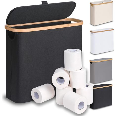 28 L Boite Rangement Papier Toilette avec Couvercle, Bambou Panier à Papier Hygiénique Boite Rangement Salle de Bain, Corbeille Porte-Papier Toilette pour 9 à 12 Rouleaux, Noir (1/5)