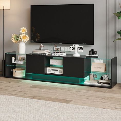 TV-Möbel mit Stauraum 200cm - Schwimmendes Design und RGB-LED, gehärtetes Glas und Schwarz, moderner und luxuriöser Stil