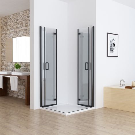 MIQU Duschkabine 100x100 x185 cm Eckeinstieg Falttür 180º Pendeltür Glas Duschwand für Dusche mit Matt Schwarz Rahmen ESG Sicherheitsglas Faltbar Duschabtrennung ohne Duschwanne