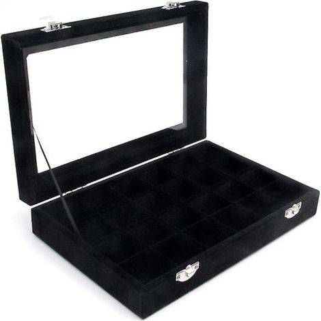 Boîte de rangement pour bijoux en velours transparent 24 compartiments avec fermoir pour présentation (1/4)