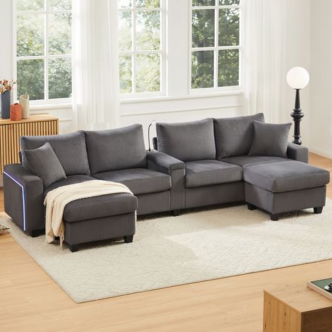 Canapé Modulaire en U, Canapé Panoramique avec Éclairage LED, Lampe de Lecture, Porte-Boissons et Ports USB - Velours Côtelé - Gris