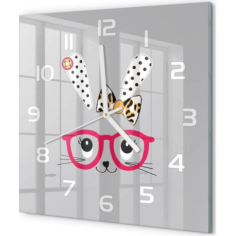 Horloge Murale Carrée Design Épuré Verre Décoration Murale Intérieure Lapin avec des lunettes 30x30 cm (1/5)