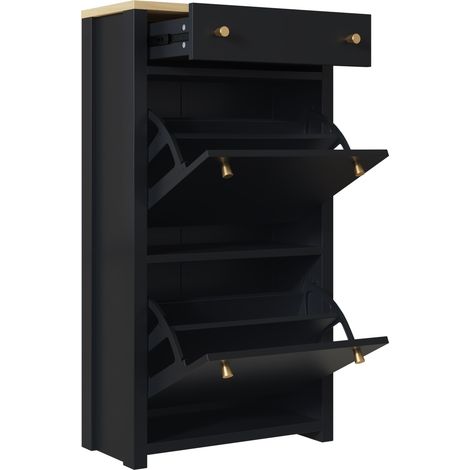 Zapatero moderno con 1 cajón y 2 puertas abatibles, MDF negro con efecto madera, 50 x 24 x 95 cm (1/5)