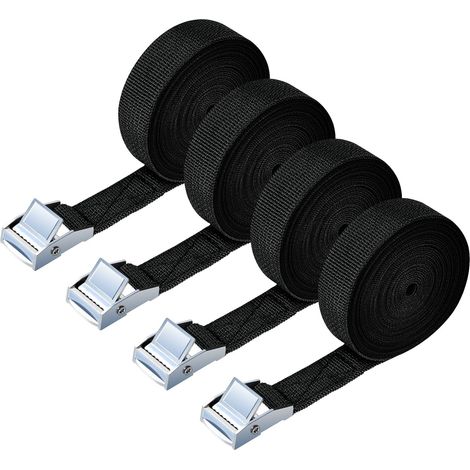 Correas de amarre, 4 piezas, resistentes, de 6 m, ajustables con trinquete para motocicletas, carga, camiones, remolques y equipaje - Capacidad de carga de 250 kg, liberación rápida (Negro) (1/5)