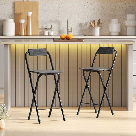 Lot de 2 tabourets de bar pliables avec dossier et repose-pieds, cadre en acier, noir, 87 centimètres de haut