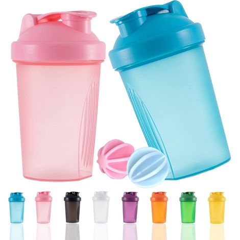 Lot de 2 bouteilles shakes protéinées et shaker de 400 ml avec boules de fouet en fil de fer, sans plastique BPA (bleu + rose) (1/5)