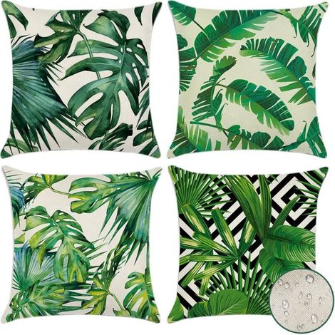 Set of 4 (45 x 45 cm - Tropical Plants 01) Waterproof Outdoor Cushion Covers Green Tropical Plants Pattern for Sofa Patio Garden Living Room Bedroom Decor