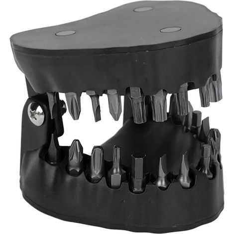Porte-embouts de foret pour prothèses dentaires, en forme de modèle de dents, avec ouverture complète et 28 embouts de tournevis inclus (noir). (1/5)