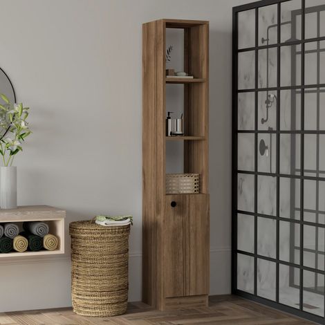 Columna Trivero: 3 estantes, 1 puerta, 5 compartimentos, 30x30x170h cm, color marrón nuez (1/4)