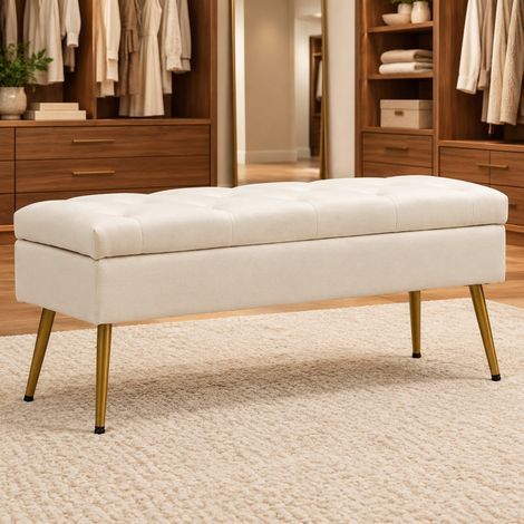 Panca contenitore imbottita con coperchio, effetto velluto, 102 x 35 x 43 cm, beige OKMYHOME (1/5)