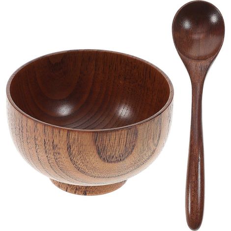 Ensemble de 2 bols et cuillères en bois, bol à riz écologique, récipient alimentaire pour restaurant et maison-9.50X9.50X6.50CM (1/4)