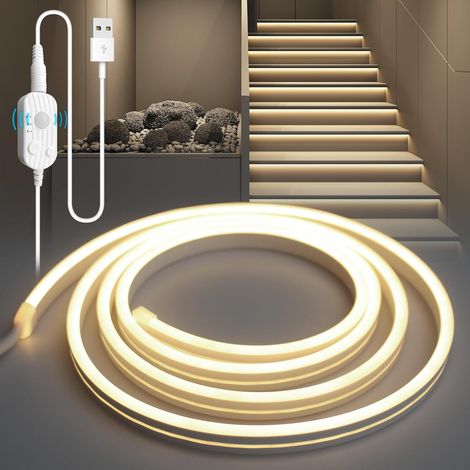 YOODI Ruban LED 5M Détecteur Mouvement Neutre Ruban LEDs 220V USB Bande LED Extérieur Gradation Continue Flexible PVC Bandeau LEDs Découpable avec Minuterie pour Escaliers, Chambre, Cuisine [Classe én (1/5)