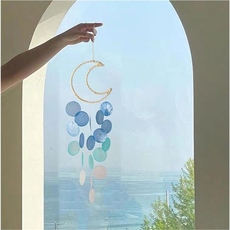 Muschel Windspiel Mond mit Perlmutt-Scheiben, 55cm, Blau