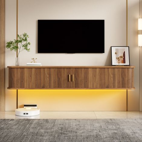 Meuble TV mural LED 175 x 30 x 30 cm avec portes coulissantes, tiroir et étagères réglables, MDF, noyer (1/5)
