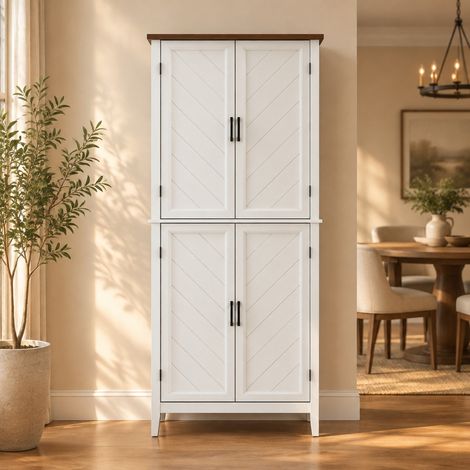 Buffet de cuisine haut 6 niveaux, 4 portes vitrées, 4 étagères réglables, MDF blanc HAVRYA (1/5)