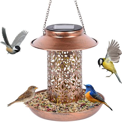 Comedero solar para pájaros, comedero metálico para pájaros, alimentado por energía solar, comedero colgante para pájaros, comedero para pájaros para jardín, patio, decoración exterior.