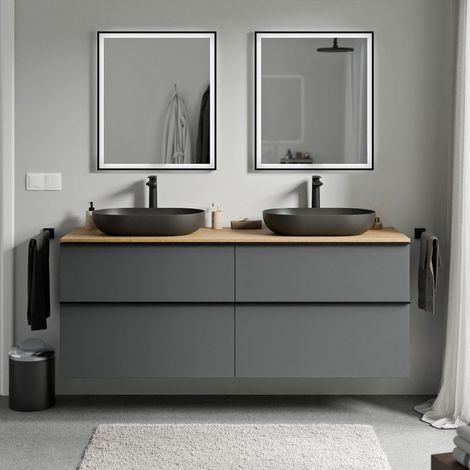 BERNSTEIN - Mobile lavabo sospeso MDF antracite opaco, Piano lavabo rovere miele, maniglia cromata - 160x46x62cm - LAVOA	Antracite opaco, cromo, Rovere miele oro