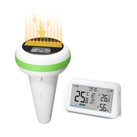 Thermomètre Piscine Solaire, IP68 Étanche, Connexion Sans Fil Moniteur Télécommande, Thermometre de Temperature d'eau, Aquarium Bassin Spa Étang (1/5)