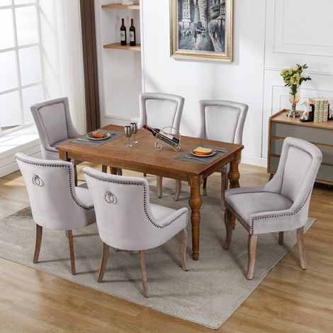 Set di 6 sedie da pranzo imbottite con finiture a borchie, gambe in legno massello, grigio (1/5)